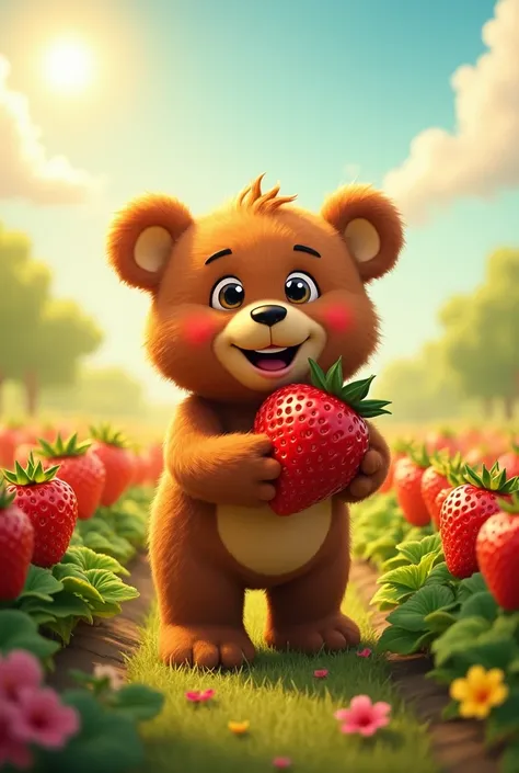 Lotso happy smiling while bring the strawberry at the field