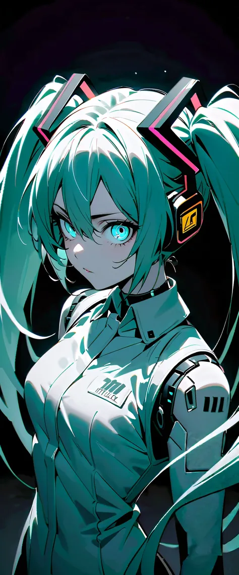 1 badass android girl, hatsune miku, twin tails, (black and white photo), android aesthetic, detailed eyes, no color