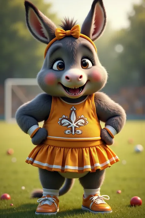 photorealistic portrait of Dressed animals - a ((fat)) ((baby)) (donkey) cheerleader,(art by Giuseppe Arcimboldo),(realistic:1.2),(hands on hips:1.5),(furry), (happy smile:1.5),high quality,(lovely) , highly detailed cute top with team logo ,intricate deta...