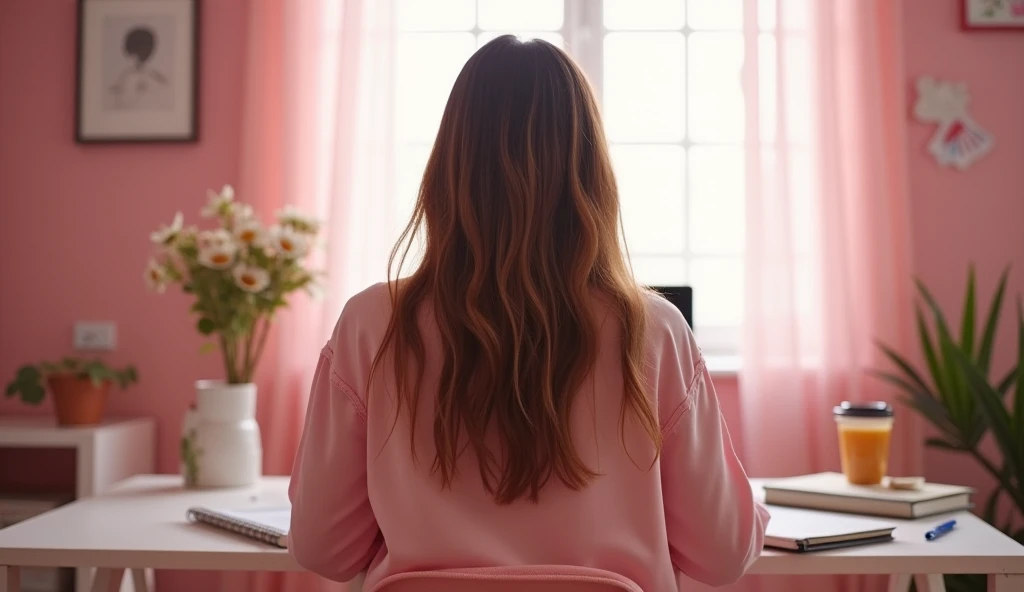 A 27-year-old woman seen from behind, sitting at a desk and writing. She is wearing a pink outfit, with soft fabric details. The room has a pink-themed decor, including the walls, furniture, and decorations, creating a warm and harmonious atmosphere. The l...