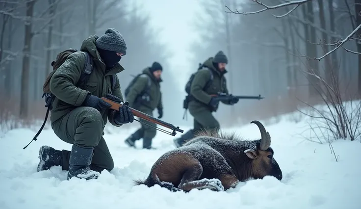 A team of wildlife rescuers moves cautiously through the deep snow, their boots crunching against the ice as they approach the struggling wildebeest. One rescuer kneels, carefully aiming a tranquilizer dart rifle to ensure a safe sedation. The wildebeest w...