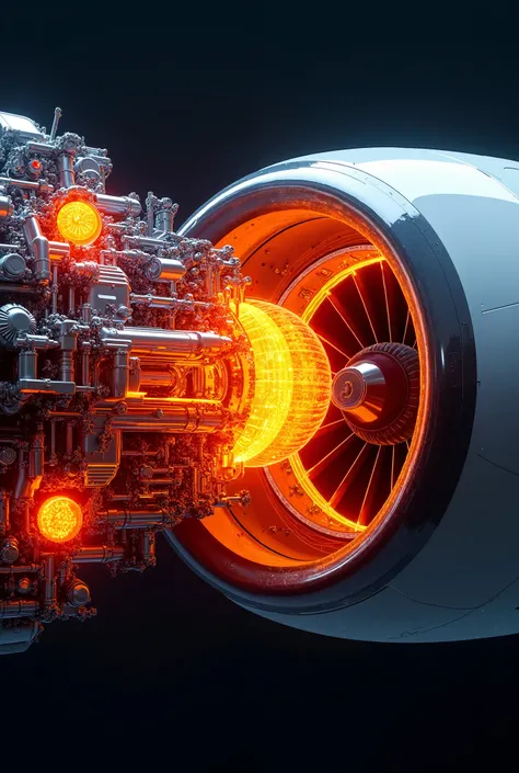 Photorealistic cross-section of a modern turbofan jet engine, glowing orange hotspots indicating areas of extreme heat, detailed, intricate, high resolution"