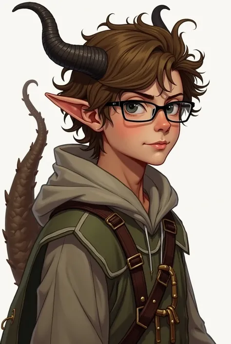  Generate the image of a 17-year-old fantasy human boy, With wavy brown hair , The black eyes,  he wears rudimentary glasses . The facial features are very marked and a pair of very short coboldo horns appear from his head and he has a brown dragon tail. D...