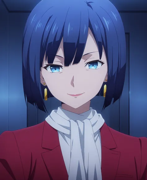 1girl,solo,mm,mature female,short hair,blue hair,blue eyes,earrings,anime coloring,
formal,red suit,upper body, looking at viewer, smile,indoors
,masterpiece,best quality,amazing quality,