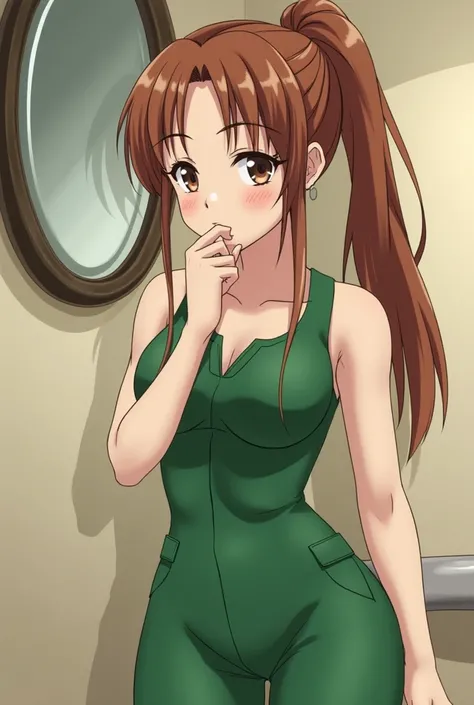 Animation A beautiful Japanese woman,KUSHINA UZUMAKI, Long hair in a ponytail, wearing hairpins The clothes are wearing a Jumpsuits GREEN
is open Standing, right hand finger on mouth, seductive gaze, hanging glass mirror in the background wall,