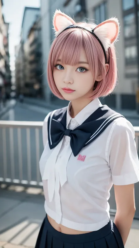   ski style,   one girl ,  alone,   pink hair,    animal ears ,   blue eyes, Wings,   accurately  , bangs,   short hair, bow,   sailor color  , white   sailor color  , hair bow, pink bow,  I closed my mouth ,   shirt, white   shirt, bear ears,   bob cut, M...