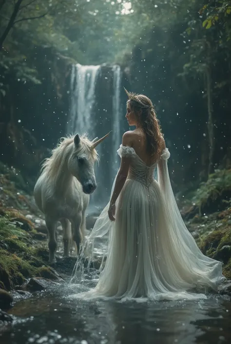 Princess in a fantasy world accompanied by a unicorn, sheer chiffon princess dress,  tiara , (( no panties,  no bra)),Right in front of a waterfall in a deep, dim forest, The princess splashes of water and gets wet, There's a unicorn next to the princess,