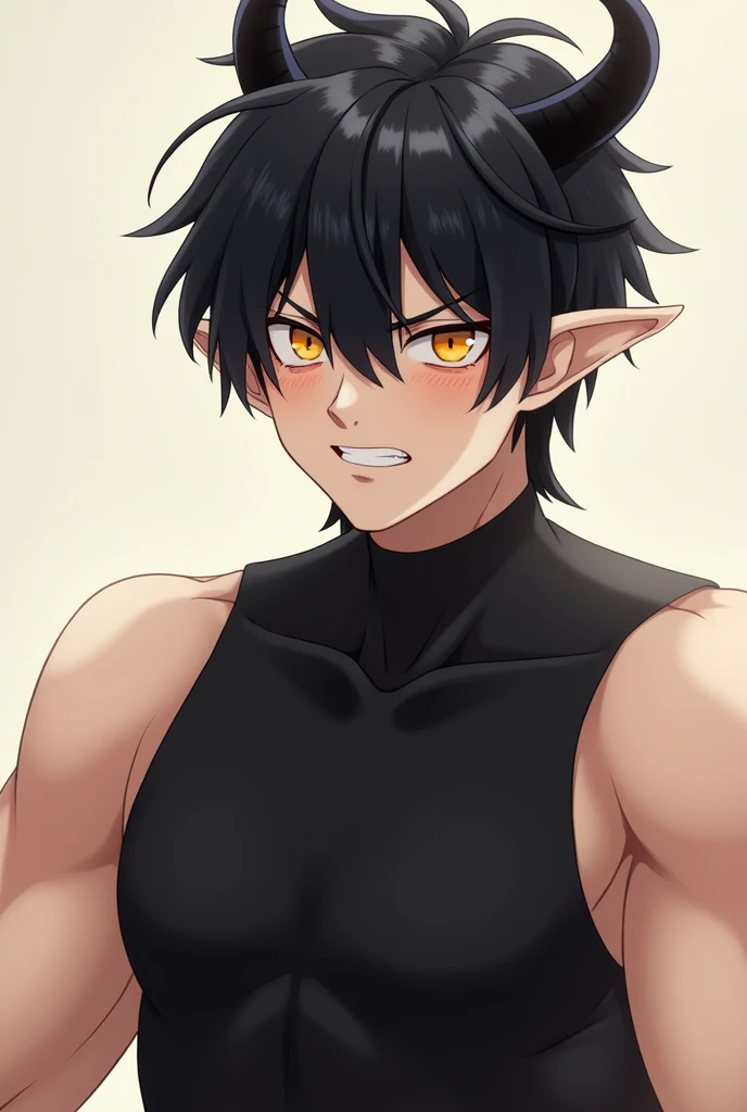 Picture 18+, A man with short black hair, There is a black horn, he is on the right, he is long, he has a small left, and there are 2,  with a sleeveless turtleneck, Face color looks challenging and provocative, Anime images,  Orange Eyes , Ears are long, ...