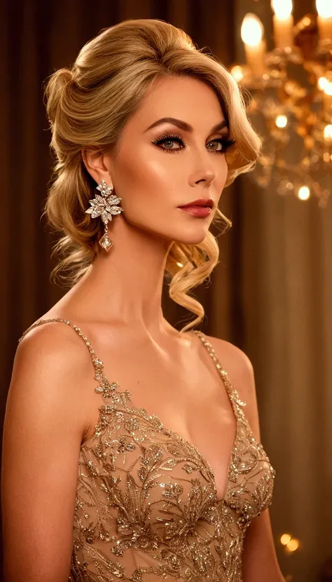 A stunning, real photography of a glamorous and celestial and heavenly and elegant and beautiful and mysteriously sensual and sexy and MILF aged blonde duchess who is powerful to control all around the world and the most beautiful and elegant person in the...