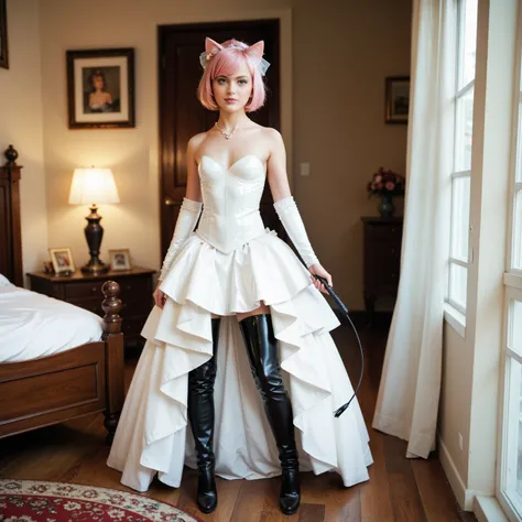  1 girl,  slim , pink hair,  straight short hair,  small breasts,  breasts open,  zopf , Cat ears,  masterpiece ,  anatomically correct  , UHD,  super detailed , further away,  wedding dress , latex black knee-high boots,   latex black arm warmers long   ,...