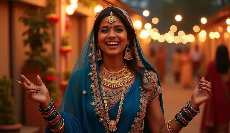 "A joyful Indian woman dressed in a vibrant traditional outfit, celebrating a festive occasion in a rural village setting. She wears a deep blue embroidered lehenga with golden jewelry, her hands adorned with bangles. The background is lit with warm lights...