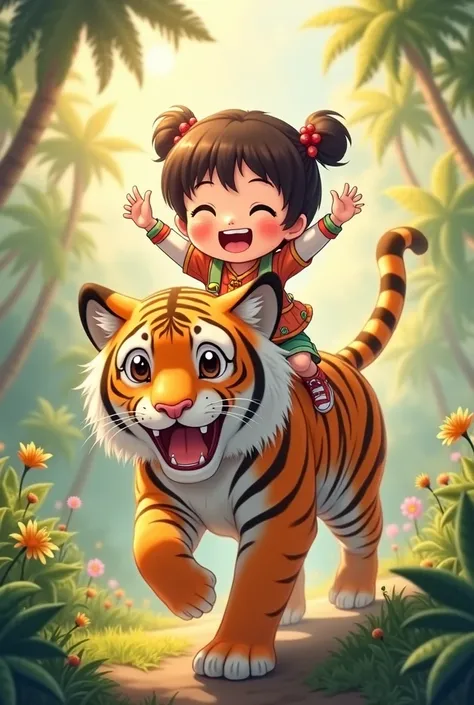 A cute chibi girl riding his pet the tiger