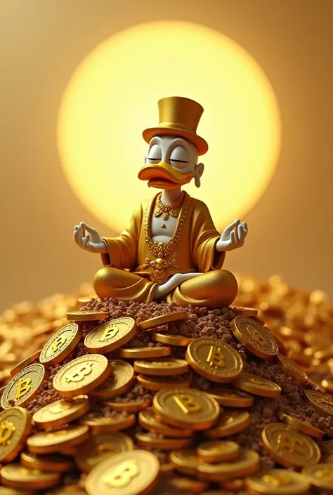 Un bouddah picsou assie en meditation sur une coline de pieces en or bitcoin 