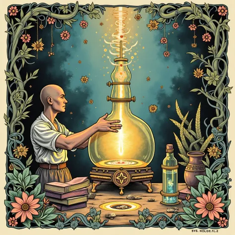 A highly detailed woodblock print, an engraving-style illustration that exudes a serene and mystical atmosphere, all in an engraving style. In the background everything is clear, it's daytime. 
An enlightened alchemist is working in his laboratory performi...