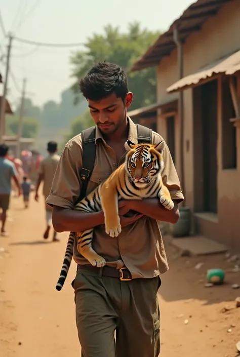 Rohan takes the tiger cub home
- Rohan walking through a village or town, carrying the tiger cub in his arms
- The tiger cub looking around curiously, taking in the new surroundings
- Rohan's home, a small house or hut, in the background