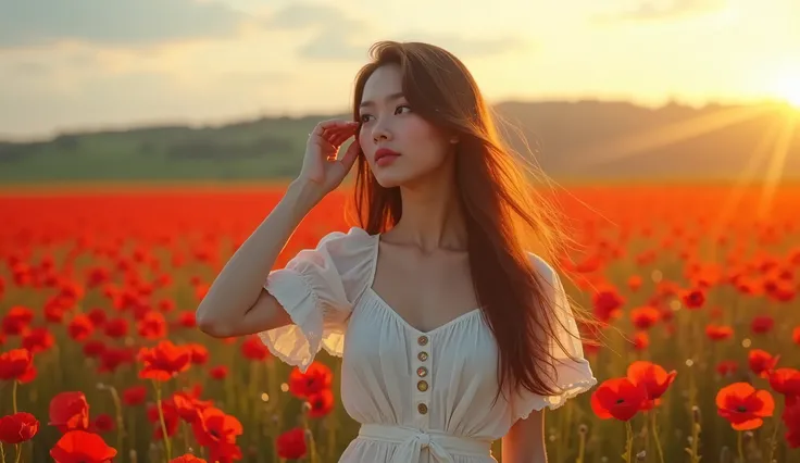 (photorealism:1.2), A highly detailed and realistic image of A young woman with flowing brown hair standing in a vast field of vibrant red poppies, gently brushing her hair as she gazes into the distance. She wears a soft, vintage-inspired white linen dres...