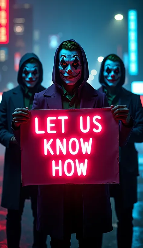 Men wearing full face cover mask joker and holding a banner in banner written "Let Us Know How" Glowing Neon Effect , In Background Blockchain Technology, first alphabet must be in capital letter 