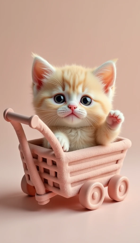 The beige-pink, beige-pink baby kitten with eyes showing its face out of the beige-pink laundry rickshaw has eyes that are wide open, and the kitten with a cute sweet face is relaxing by raising one hand up


