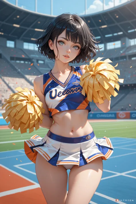 Girl ,  Black hair ,  short hair,  grey eyes,  small breasts ,  wide hips, tight-fitting suite, cheerleader, stadium
