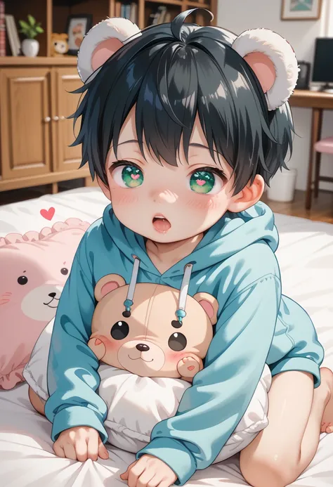 comic style, cute boy from the comic anime , black hair , green eyes, slightly blushed, is a primary school boy , clothes Baby, bear onesie , beautiful face, big eyes , cartoon style , boy size shota , slim body, room, erotic photo, young age, Aeghao, hear...