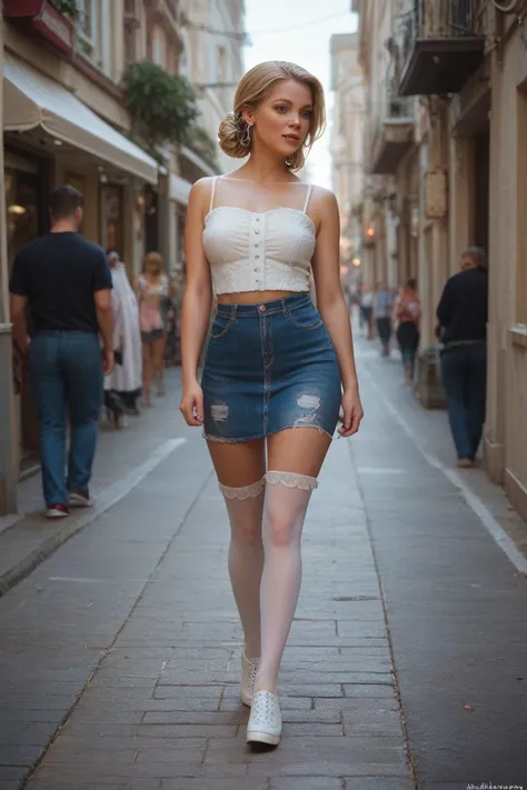 A stylish woman in short colored stockings, a denim skirt, white snickers shoes on her feet and a shabby dress, walking through the streets of Milan.