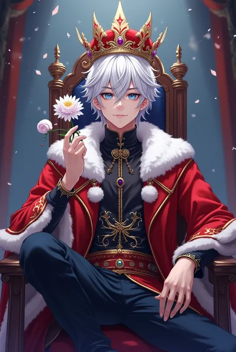 4d anime logo  ,  25 year old male . sitting in the king's chair ,  wearing a crown ,  red ,  white hair,  it says "rizsang" on clothes.  Holding a flower in his right hand .  Power pancarsn effect blue white black