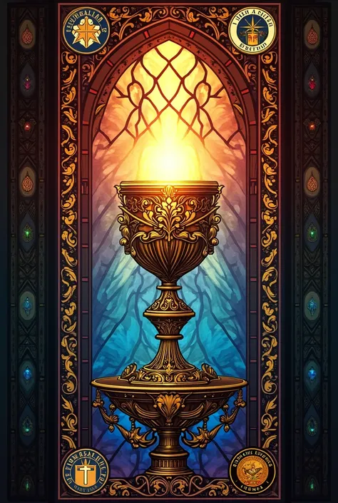  A stained glass window in the format of a beer label, Representing a Grail