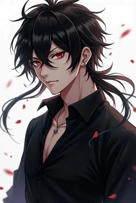  Boy handsome anime red eyes full body hair long hair color black shirt