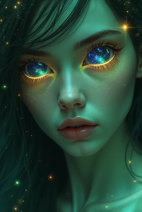 The eye and it reflects the galaxy,  into an unearthly girl, archon race , light green shades, 