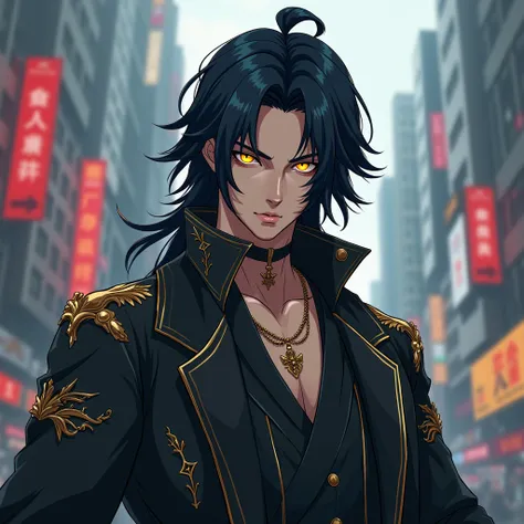 anime cute man 18-year-old, clean design, intricate details, (glowing gold eyes), really long black parted hair, iconic outfit, aggressive look, 8k resolution, city background, full body
