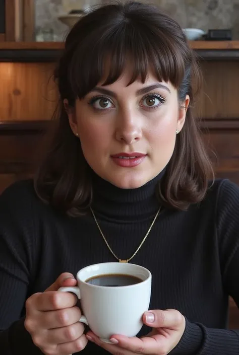  woman looks at the camera,  wears a black turtleneck sweater ,  necklace,  and holds a white porcelain cup of coffee, sitting in a cafe , 35 mm holder , Smiling