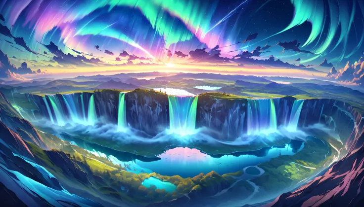 paradise, colorful,A dreamy fantasy landscape,Extremely Coloured Scenery, cloud, light piercing through the cloud,Spectacular and majestic views, shot with a fisheye lens , Large planets and auroras are visible in the sky,Multiple beautiful waterfalls,Wate...