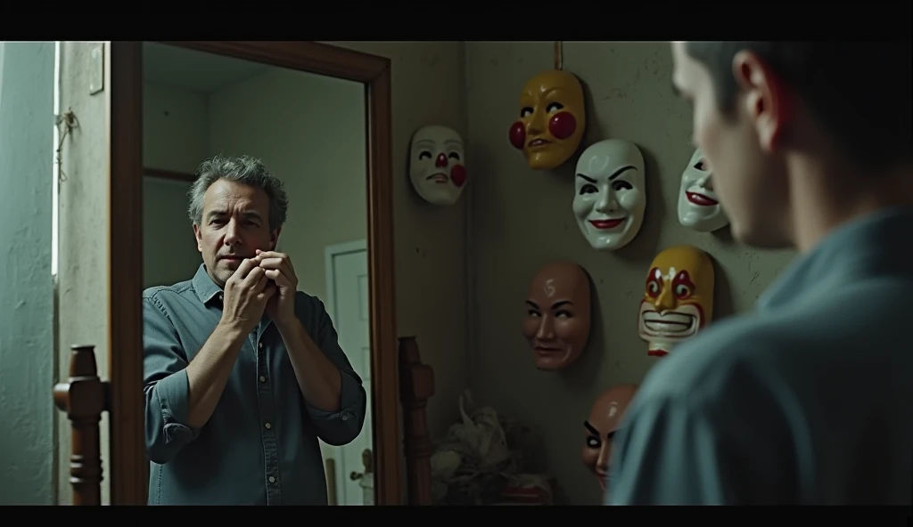 make a video of a person in the mirror watching himself taking off a cheerful mask, But this guy is very sad., and on the wall of his room are some masks of cheerfulness, the room is a mess