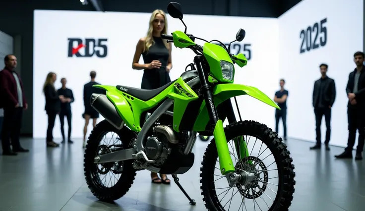 A sleek, modern (kawasaki ) taking center stage in a showroom, prominent (KX500 ) logo, being unveiled by ten people. The bike is a vibrant yallow with a streamlined design, positioned in an indoor showroom with bright lighting. The focus is on the brandin...