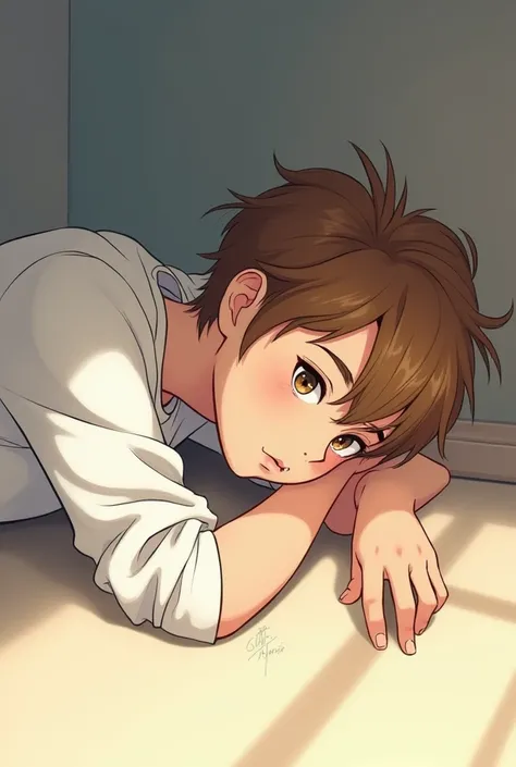 Create an anime-style image of a 14-year-old Caucasian teenage boy, of approximately 1.60,  brown hair, dressed in a white long-sleeved t-shirt. He's lying on the floor face down