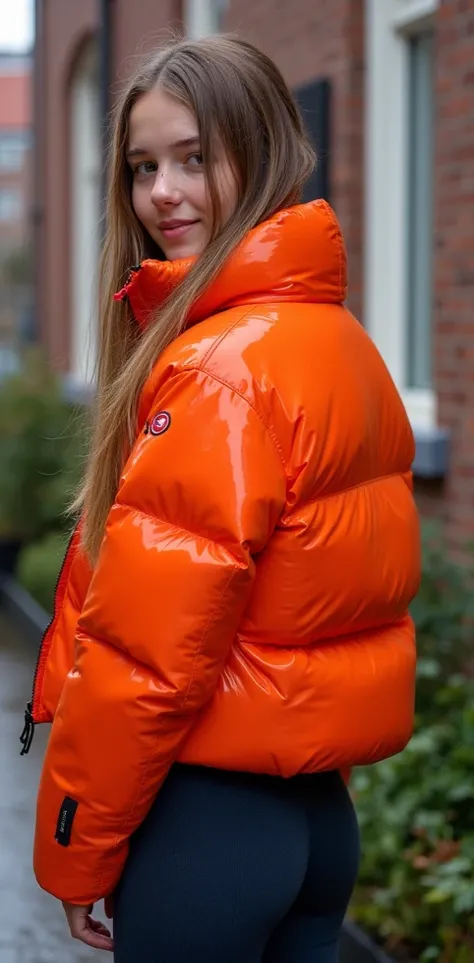 Backside diagonally photo from side behind of a sweaty hot wet cute beautiful darkblonde furtuned dutch spanish italia young posing age femboy wearing orange canada-goose shiny pvc puffy cropped short puffer jacket, very short shiny orange Big luxurious ca...