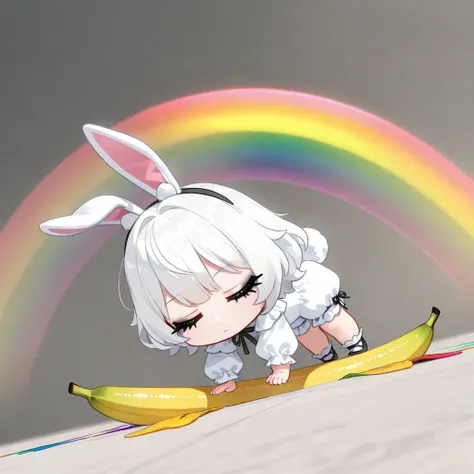 (solo),1girl\((chibi:1.3),cute,kawaii,shiny short white hair, bunny ears, (closed eyes), (black long eyelash:1.2), expressionless face,beautiful skin,(fall down:1.3) by banana peel,white frilled romper,(1white rabbit-tail:0.6),squeezed face,full body,dynam...