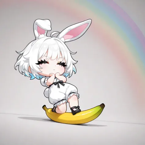 (solo),1girl\((chibi:1.3),cute,kawaii,shiny short white hair, bunny ears, (closed eyes), (black long eyelash:1.2), expressionless face,beautiful skin,(fall down:1.3) by banana peel,white frilled romper,(1white rabbit-tail:0.6),squeezed face,full body,dynam...