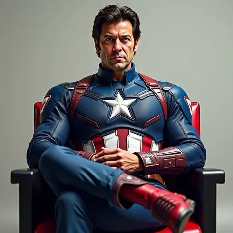 Pakistani popular politician Imran Khan in the iconic dress of captain America. Imran Khan sit on the chair and look at the camera 