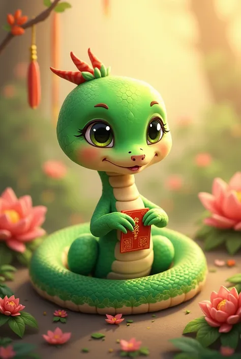 A beautiful little green snake，Holding blessings in the hands during the Spring Festival，Happy Smile