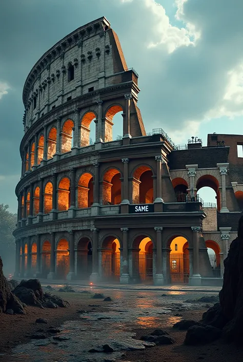 A dramatic shot of the Colosseum with a futuristic overlay, fading to black.