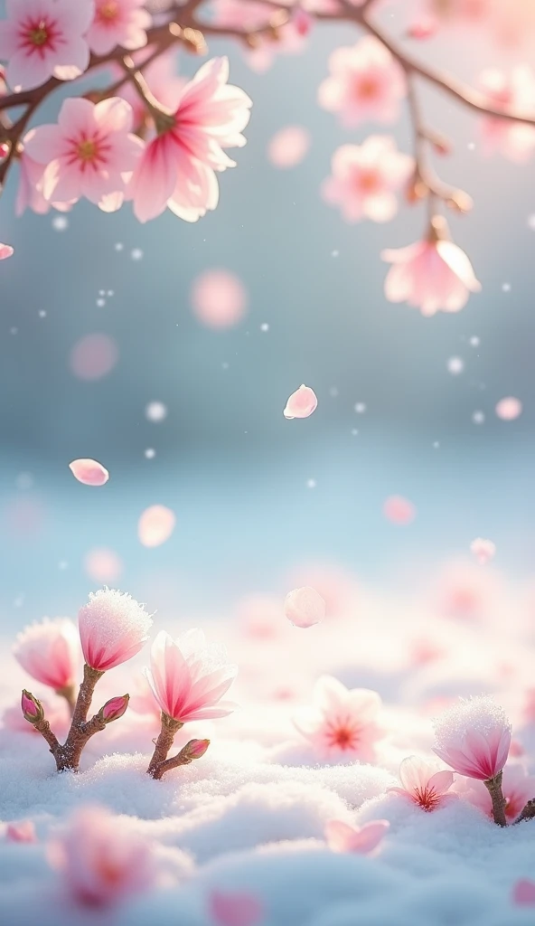 A Warm and Gentle View of the World ,  Falling Cherry Blossom Petals , horsetail buds emerging from  Snowflake on the ground,  Snowflake,  Colorful Pastel Colors,  Super Detail,   absolute resolution ,  Masterpiece