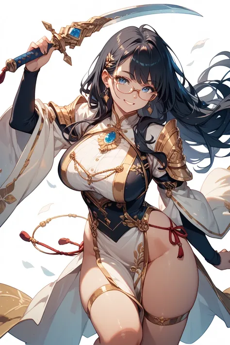 a woman in white and gold outfits throws a weapon in the air, 1girl, solo, breasts, smile, glasses, blue eyes, large breasts, long hair, black hair, white background, pelvic curtain, looking at viewer, simple background