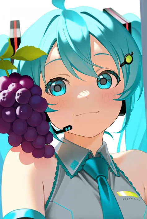  photorealistic、Chibi Miku （ beach with a basket hanging on my waist、I'm harvesting grapes at a vineyard near 、I'm holding a grape in my right hand、 characteristic hair ornament ）、Gentle morning light、Synchrotron radiation