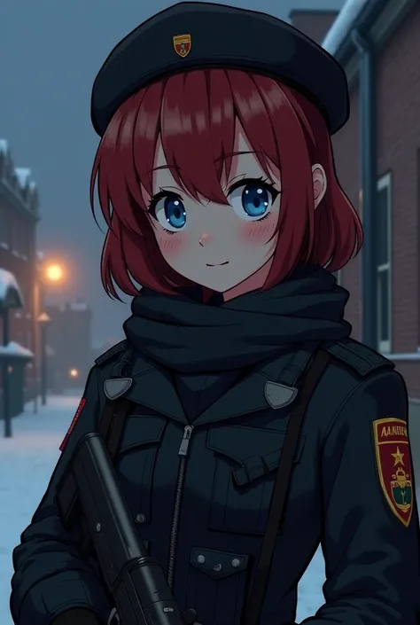 German girl,   black tactical uniform  ,  short dark red hair ,  Blue eyes,   neutral expression, small eyes, in winter, animated,   night, armament, Weapons, does not smile, chica adult, annoyed, not young, not happy, does not smile, small eyes, adult, ma...