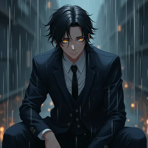 anime cute man 18-year-old, clean design, intricate details, (glowing gold eyes), really long black parted hair, casual suit wear, aggressive look, 8k resolution, raining background, full body, sitting
