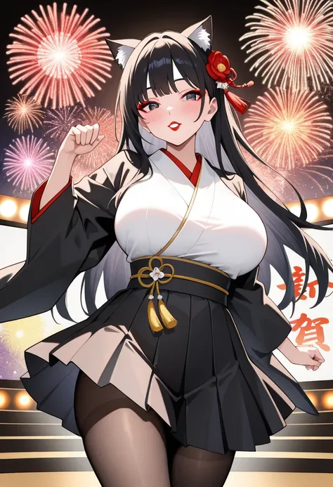  a cute girl，Cat ears， red lips，Blush，Eyeshadow，Baby Face Big Breasts， well-shaped ，Long black hair，穿红色new year丝绸兔女郎连体衣， black pantyhose，Performance，Idol，stage，new year，fireworks，