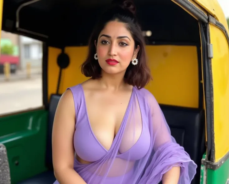 Perfect hands,A hyper realistic image of an sultry mature voluptuous indian bhabhi, likely in her late thirty,white glowing skin, seated in a yellow and green auto-rickshaw, Casual, Traditional style, wearing a dark lavender transparent saree and lavender ...