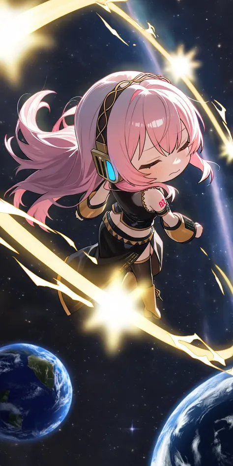 (solo:1.3),1girl\((Megurine Luka\(vocaloid\)) turning around continuously, cute, kawaii,(chibi:1.25),sad, eyes closed, (arms (horizontally:1.3) open wide:1.2), clenched fist, fine long hair, black short sleeveless shirts, stomach shown,abs,black long high ...