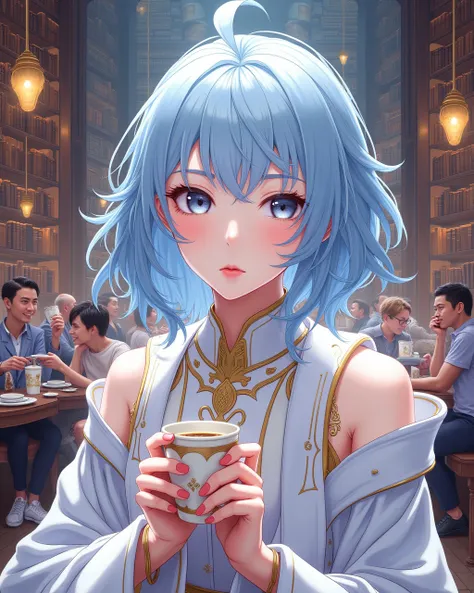 In the background, people are drinking coffee in a stylish coffee shop.
 top quality, Masterpiece,   １girl, Freena \( Genshin Impact\),  Genshin Impact, cowlick,  Discrepancies between people、 heterochromia ,   sleeve,  headrest,  Closed Mouth, ロング sleeve ...